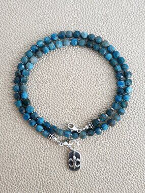 MINI APATITE CUBE NECKLACE W/ MINI 925 FLEUR DE LIS--16"